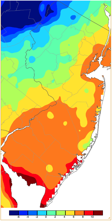 Figure 15. Annual minimum temperatures across NJ during 2022 based on a PRISM (Oregon State University) analysis generated using NWS, NJWxNet, and other professional weather stations. Note the 2-degree increment scale beneath the map. Annual minimum temperatures across NJ during 2022 based on a PRISM (Oregon State University) analysis generated using NWS, NJWxNet, and other professional weather stations.