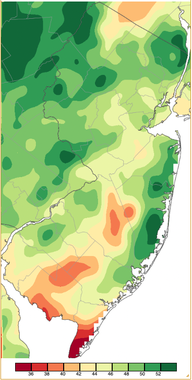 Figure 16. Annual 2022 precipitation across New Jersey based on a PRISM (Oregon State University) analysis generated using NWS Cooperative and CoCoRaHS observations. NJ totals ranged from 34.00”–35.99” (red) to 52.00”–53.99” (dark green). Annual 2022 precipitation across New Jersey based on a PRISM (Oregon State University) analysis generated using NWS Cooperative and CoCoRaHS observations.