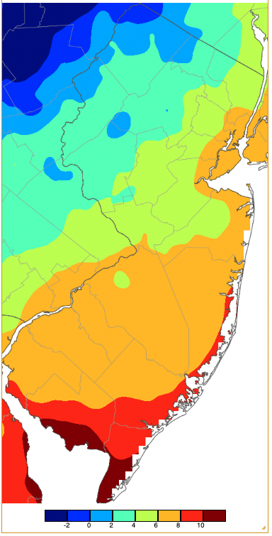 Figure 13. Minimum temperatures on December 24th based on a PRISM (Oregon State University) analysis generated using NWS, NJWxNet, and other professional weather stations. Note the 2-degree increment scale beneath the map. Minimum temperatures on December 24th based on a PRISM (Oregon State University) analysis generated using NWS, NJWxNet, and other professional weather stations.