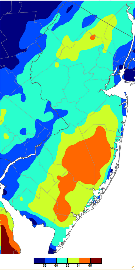 Figure 11. Maximum temperatures on December 30th based on a PRISM (Oregon State University) analysis generated using NWS, NJWxNet, and other professional weather stations. Note the 2-degree increment scale beneath the map. Maximum temperatures on December 30th based on a PRISM (Oregon State University) analysis generated using NWS, NJWxNet, and other professional weather stations.