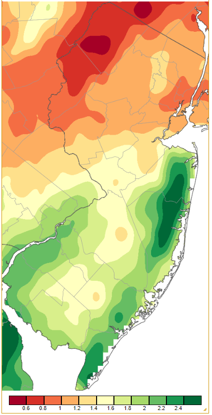 Figure 4. Precipitation across New Jersey from 7 AM on December 15th through 7 AM December 16th based on a PRISM (Oregon State University) analysis generated using NWS Cooperative and CoCoRaHS observations. Note the scale in inches beneath the map. Precipitation across New Jersey from 7 AM on December 15th through 7 AM December 16th based on a PRISM (Oregon State University) analysis generated using NWS Cooperative and CoCoRaHS observations.