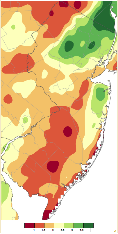 Figure 1. December 2022 precipitation across New Jersey based on a PRISM (Oregon State University) analysis generated using NWS Cooperative and CoCoRaHS observations from 7 AM on November 30th to 7 AM on December 31st. Note the scale in full inches at the bottom of the map. Totals range from 3.50”–4.00” (dark red) to 6.50”–7.00” (dark green). December 2022 precipitation across New Jersey based on a PRISM (Oregon State University) analysis generated using NWS Cooperative and CoCoRaHS observations from 7 AM on November 30th to 7 AM on December 31st.