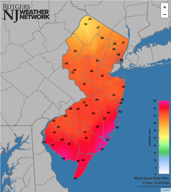 Figure 7. Maximum wind gusts at Rutgers NJ Weather Network stations on December 23rd. Note that sheltered locations in some northern locations result in lower gusts. Also, malfunctioning anemometers at two high-elevation stations (HPM, Vernon Township) resulted in no observations from these locations in the northwest. Maximum wind gusts at Rutgers NJ Weather Network stations on December 23rd.