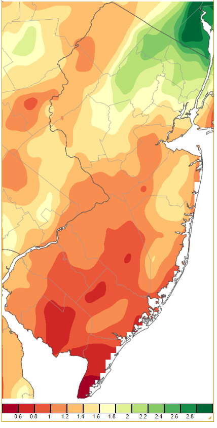 Figure 6. Precipitation across New Jersey from 7 AM on December 22nd through 7 AM December 24th based on a PRISM (Oregon State University) analysis generated using NWS Cooperative and CoCoRaHS observations. Note the scale in inches beneath the map. Precipitation across New Jersey from 7 AM on December 22nd through 7 AM December 24th based on a PRISM (Oregon State University) analysis generated using NWS Cooperative and CoCoRaHS observations.