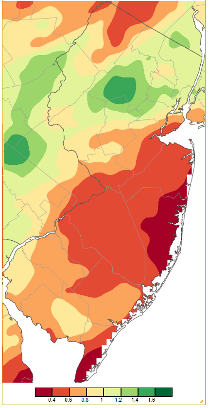 Figure 2. Precipitation across New Jersey from 7 AM on December 6th through 7 AM December 7th based on a PRISM (Oregon State University) analysis generated using NWS Cooperative and CoCoRaHS observations. Note the scale in inches beneath the map. Precipitation across New Jersey from 7 AM on December 6th through 7 AM December 7th based on a PRISM (Oregon State University) analysis generated using NWS Cooperative and CoCoRaHS observations.