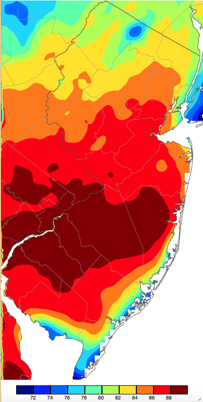 Maximum temperatures on May 2nd based on a PRISM (Oregon State University) analysis generated using NWS, NJWxNet, and other professional weather stations.