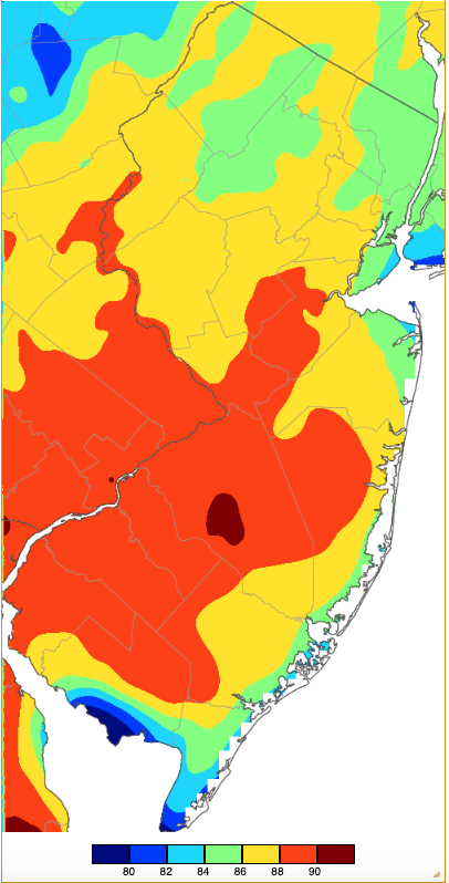 Extreme maximum temperatures during spring 2024 based on a PRISM (Oregon State University) analysis generated using NWS, NJWxNet, and other professional weather stations. The seasonal maximum occurred on different days at different locations.