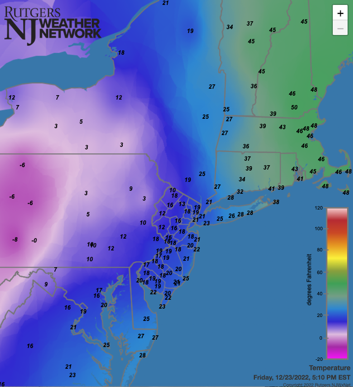 Figure 12. Temperatures at 5:10 PM on December 23rd from Rutgers NJ Weather Network and National Weather Service airport stations. Temperatures at 5:10 PM on December 23rd from Rutgers NJ Weather Network and National Weather Service airport stations.