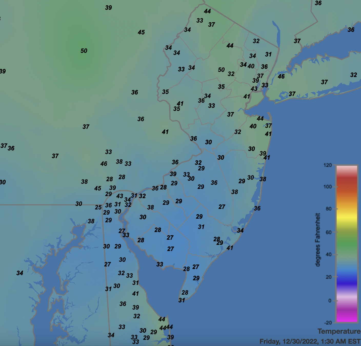 Figure 9. Surface air temperatures across NJ and nearby states at 1:30 AM on December 30th. Observations are from automated Rutgers NJ Weather Network, National Weather Service airport, Shrewsbury Weather Network, and Delaware Environmental Observing System weather stations. Surface air temperatures across NJ and nearby states at 1:30 AM on December 30th.