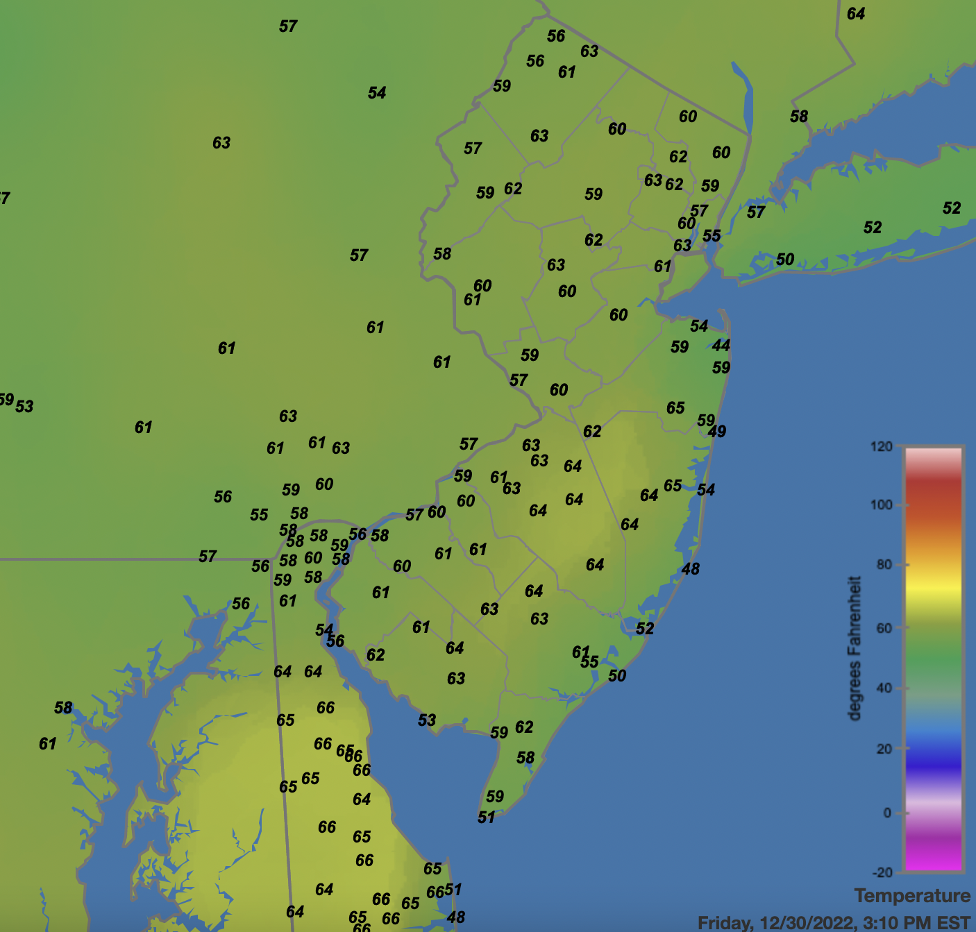 Figure 10. Surface air temperatures across NJ and nearby states at 3:10 PM on December 30th. Observations are from automated Rutgers NJ Weather Network, National Weather Service airport, Shrewsbury Weather Network, and Delaware Environmental Observing System weather stations. Surface air temperatures across NJ and nearby states at 3:10 PM on December 30th.